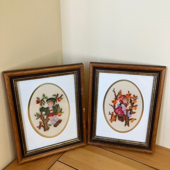 Hummel Children Petit Point Completed Vintage Boy & Girl Framed Hand Embroidery - Picture 1 of 8